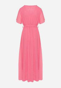 Born2be - Fuksjowa Brokatowa Sukienka Koktajlowa Ozdobiona Paskiem Ziliane. Okazja: na imprezę. Kolor: różowy. Wzór: aplikacja. Styl: wizytowy #5