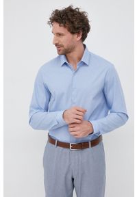Calvin Klein Koszula bawełniana męska slim z kołnierzykiem klasycznym. Typ kołnierza: kołnierzyk klasyczny. Kolor: niebieski. Materiał: bawełna. Styl: klasyczny