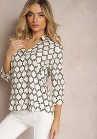 Renee - Jasnobeżowa Klasyczna Koszula w Geometryczny Print z Wiskozy i Bawełny Kullia. Kolor: beżowy. Materiał: bawełna, wiskoza. Wzór: geometria, nadruk. Styl: klasyczny #3