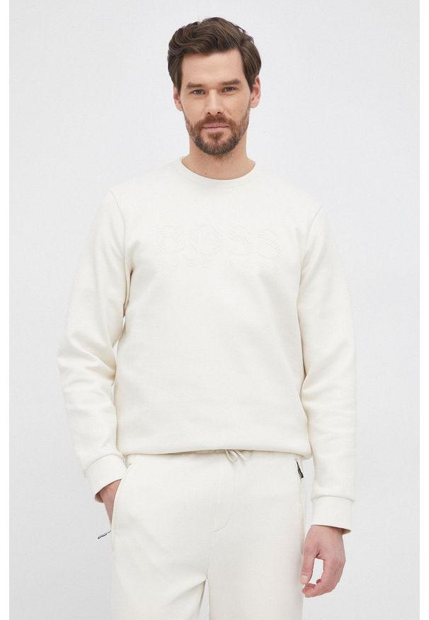 BOSS - Boss Bluza Athleisure męska kolor kremowy gładka. Okazja: na co dzień. Kolor: beżowy. Materiał: dzianina. Wzór: gładki. Styl: casual