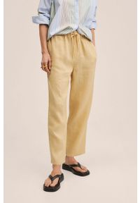 mango - Mango spodnie lniane Linen damskie kolor żółty szerokie high waist. Stan: podwyższony. Kolor: żółty. Materiał: len