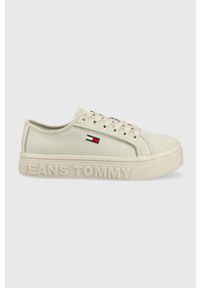 Tommy Jeans tenisówki Flatform damskie kolor szary. Nosek buta: okrągły. Zapięcie: sznurówki. Kolor: szary. Materiał: guma. Obcas: na platformie