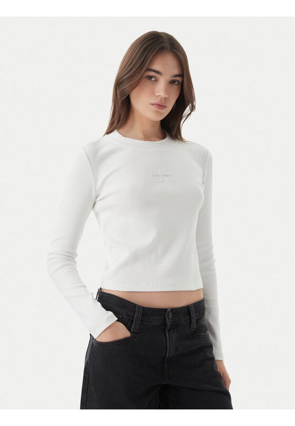 Calvin Klein Jeans Bluzka Monogram LV047A803G Biały Slim Fit. Kolor: biały. Materiał: bawełna