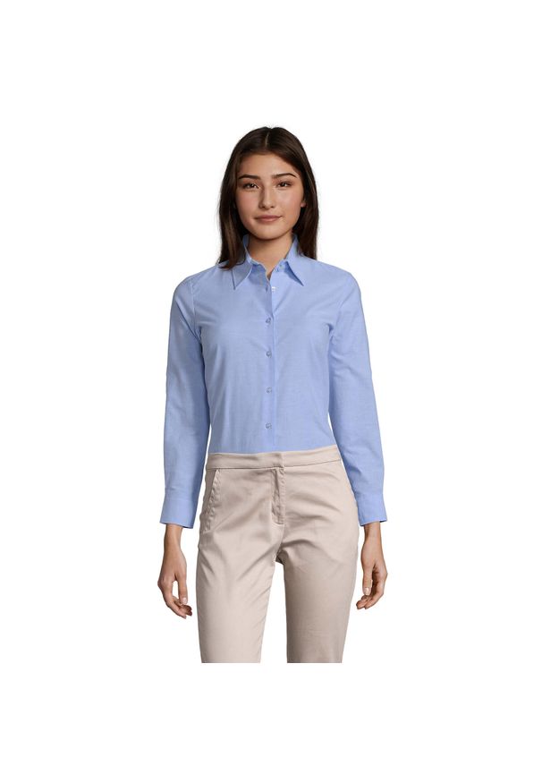 SOL'S - Damska Bluzka Biznesowa Z Długim Rękawem Embassy Oxford. Okazja: na spotkanie biznesowe. Kolor: niebieski. Długość rękawa: długi rękaw. Długość: długie. Styl: biznesowy