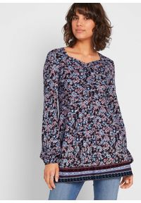 bonprix - Tunika z mieszanki bawełny z wiskozą. Kolor: niebieski. Materiał: wiskoza, jersey, bawełna. Długość: długie. Wzór: kwiaty #1
