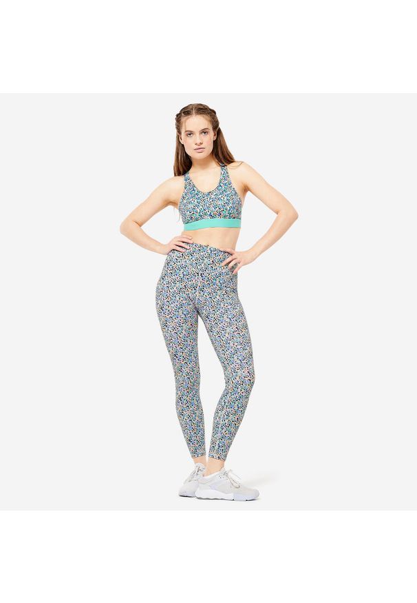 DOMYOS - Legginsy fitness damskie Domyos. Kolor: wielokolorowy. Materiał: materiał, poliamid, poliester, elastan. Sport: fitness