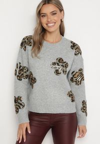 Born2be - Jasnoszary Sweter z Kwiatowymi Naszywkami i Cekinami Ciadora. Okazja: na co dzień. Kolor: szary. Materiał: jeans. Wzór: aplikacja, kwiaty. Styl: elegancki, casual #3