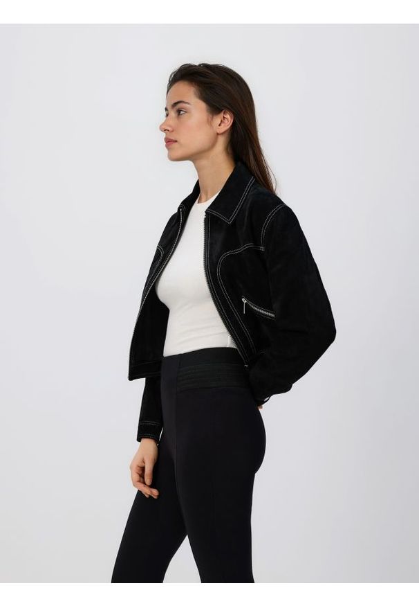 Reserved - Legginsy z ozdobną taśmą - czarny. Kolor: czarny. Materiał: wiskoza, dzianina