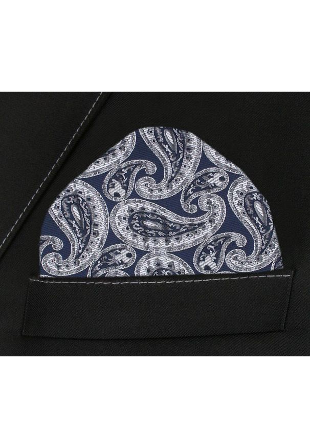 Męska, Elegancka Poszetka - Alties - Granat, Duże Popielate Paisley. Kolor: niebieski. Materiał: poliester. Wzór: paisley