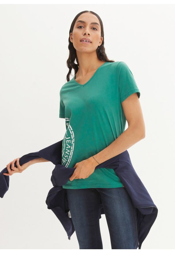 bonprix - T-shirt z dekoltem w serek i nadrukiem. Typ kołnierza: dekolt w serek. Kolor: zielony. Wzór: nadruk