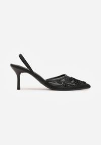 Renee - Czarne Szpilki VICES Slingback z Noskami w Szpic Ozdobionymi Haftem i Koralikami Laraidina. Zapięcie: pasek. Kolor: czarny. Materiał: satyna. Wzór: haft, aplikacja. Obcas: na szpilce #7