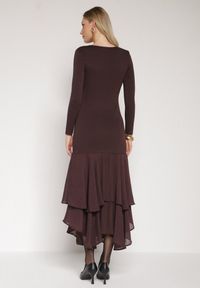 Born2be - Brązowa Sukienka z Wiskozą o Dopasowanym Kroju z Falbanami u Dołu Vebmara. Okazja: na randkę. Kolor: brązowy. Materiał: wiskoza. Typ sukienki: dopasowane. Styl: elegancki #6