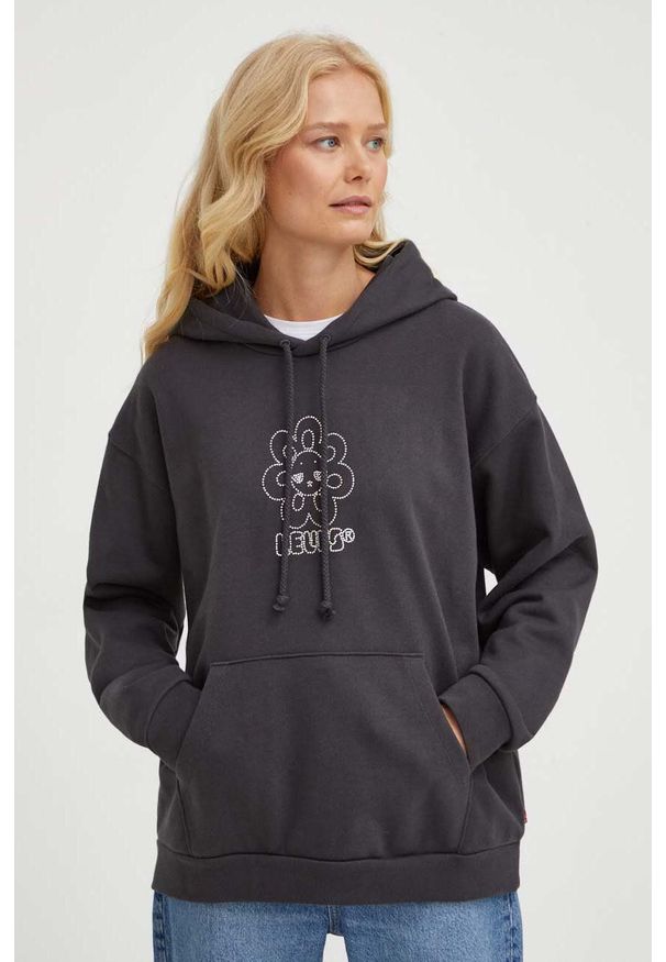 Levi's® - Levi's bluza bawełniana damska kolor szary z kapturem z aplikacją. Okazja: na spotkanie biznesowe. Typ kołnierza: kaptur. Kolor: szary. Materiał: bawełna. Długość rękawa: długi rękaw. Długość: długie. Wzór: aplikacja. Styl: biznesowy