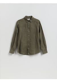 Reserved - Lniana koszula slim fit - zielony. Kolor: zielony. Materiał: len