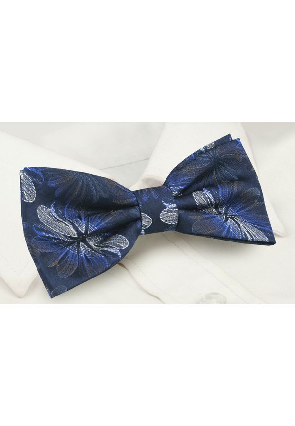 Mucha Męska z Poszetką - Alties - Granatowa, Duże Kwiaty. Kolor: niebieski. Wzór: kwiaty. Styl: sportowy, elegancki