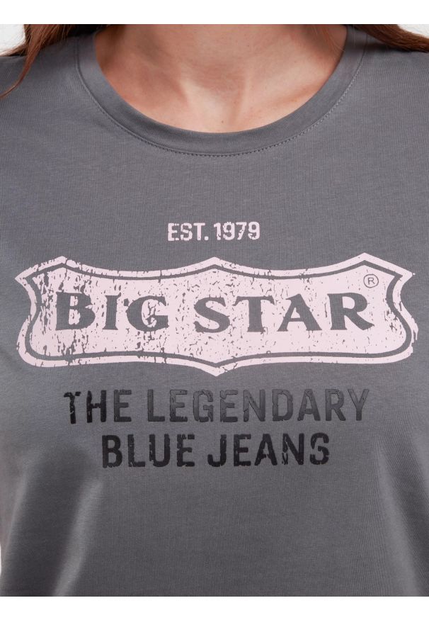 Big-Star - Koszulka damska z nadrukiem na piersi z kolekcji Authentic szara Rissmelna 905. Kolor: szary. Materiał: dzianina, jeans. Wzór: nadruk. Styl: retro