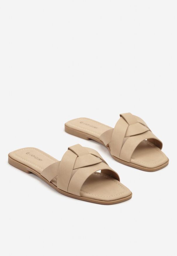 Renee - Ciemnobeżowe Klapki Ozdobione Geometryczną Cholewką Orrona. Okazja: na co dzień. Kolor: beżowy. Materiał: jeans. Wzór: aplikacja, geometria. Styl: klasyczny, casual