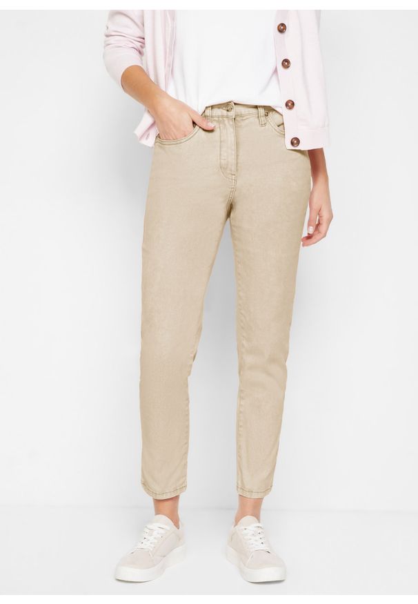 bonprix - "Spodnie twillowe w krótszej długości, z efektem ""used look""". Kolor: beżowy. Długość: krótkie