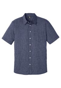 Koszula z krótkim rękawem z materiału z domieszką lnu bonprix niebiesko-biały w paski. Kolor: niebieski. Materiał: len, materiał. Długość rękawa: krótki rękaw. Długość: krótkie. Wzór: paski #1