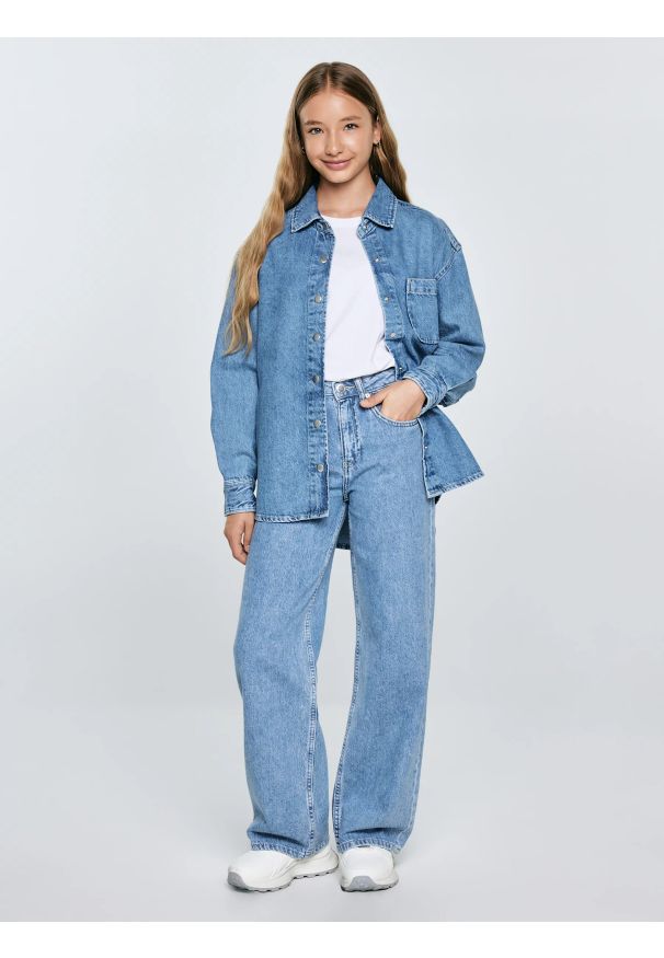 Big-Star - Jeansy dziewczęce z szeroką nogawką niebieskie Natalie 194. Okazja: na uczelnię, na co dzień, na spacer. Stan: podwyższony. Kolor: niebieski. Materiał: jeans. Sezon: lato. Styl: casual, młodzieżowy
