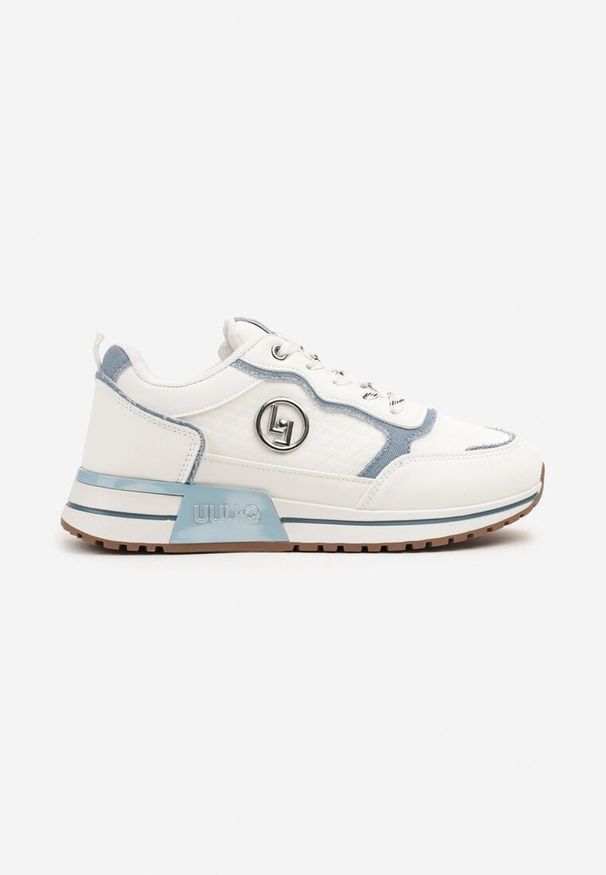 Renee - Biało-Niebieskie Sneakersy z Metaliczną Ozdobą Firamia. Okazja: na co dzień. Kolor: biały. Materiał: jeans. Wzór: aplikacja