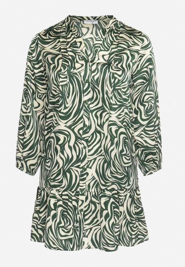 Born2be - Zielono-Beżowa Sukienka Mini z Falbanką i Abstrakcyjnym Wzorem Ovina. Kolor: zielony. Długość rękawa: długi rękaw. Długość: mini