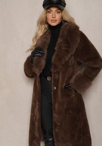 Renee - Brązowy Futrzany Płaszcz z Wiązanym Paskiem Ozdobnym Kołnierzem i Mankietami Viaressa. Okazja: na co dzień. Kolor: brązowy. Materiał: futro. Długość rękawa: długi rękaw. Długość: długie. Styl: casual, elegancki, rockowy #4