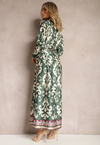Renee - Zielona Pudełkowa Sukienka Satynowa z Paskiem w Talii w Ornamentalny Print Tarosa. Kolor: zielony. Materiał: satyna. Wzór: nadruk #3