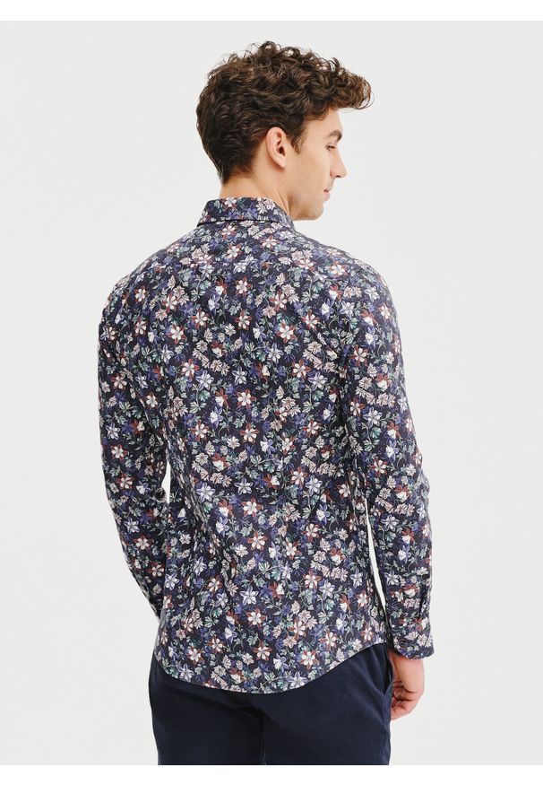 Pako Lorente - PAKO LORENTE – Granatowa koszula męska w kwiaty. Kolor: niebieski. Materiał: bawełna, elastan. Długość rękawa: długi rękaw. Długość: długie. Wzór: kwiaty