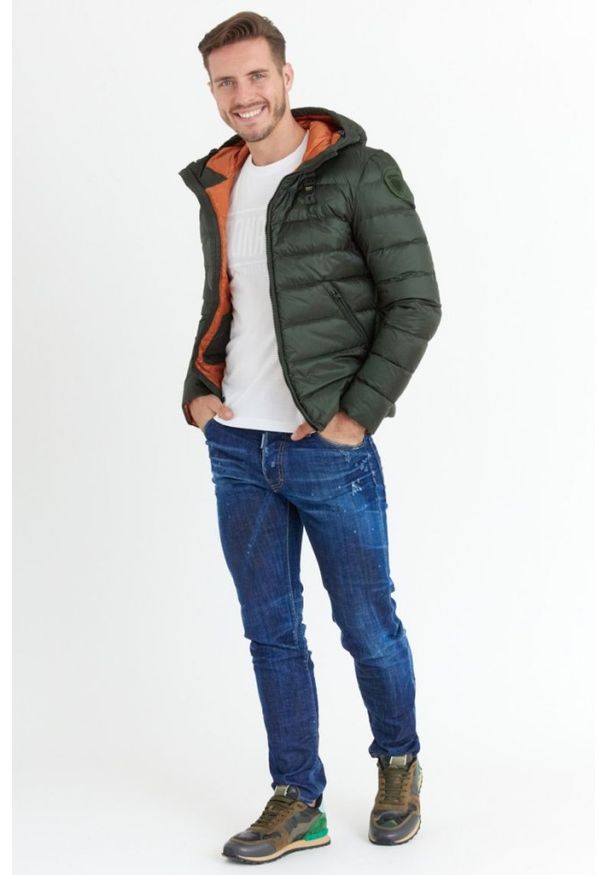 Blauer USA - BLAUER Zielona puchowa kurtka męska z kapturem, Rozmiar XXL. Typ kołnierza: kaptur. Kolor: zielony. Materiał: puch