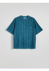 Reserved - T-shirt boxy z kieszonką - turkusowy. Kolor: turkusowy. Materiał: dzianina, bawełna