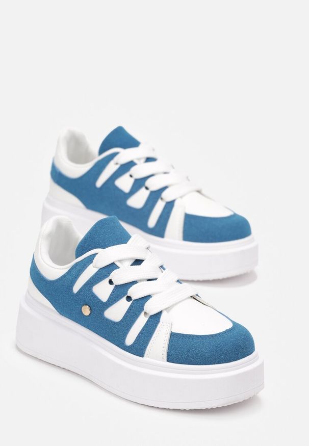 Renee - Biało-Niebieskie Sneakersy na Grubej Podeszwie przed Kostkę Alisis. Wysokość cholewki: przed kostkę. Kolor: biały
