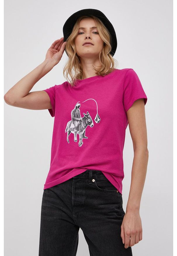 Volcom - T-shirt bawełniany. Okazja: na co dzień. Kolor: różowy. Materiał: bawełna. Wzór: nadruk. Styl: casual