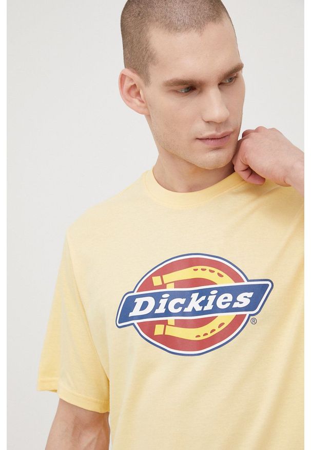 Dickies t-shirt bawełniany kolor żółty z nadrukiem. Okazja: na co dzień. Kolor: żółty. Materiał: bawełna. Wzór: nadruk. Styl: casual