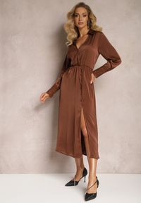Renee - Brązowa Sukienka Midi z Gumką w Pasie i Kopertowym Dekoltem Bellarane. Kolor: brązowy. Materiał: koronka. Długość rękawa: długi rękaw. Wzór: aplikacja. Typ sukienki: kopertowe. Długość: midi #6