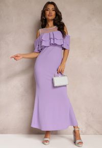 Renee - Fioletowa Sukienka Taliowana z Falbanką Lariphelia. Kolor: fioletowy. Wzór: aplikacja