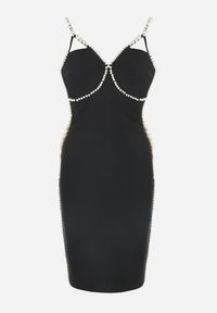 Born2be - Czarna Sukienka Dopasowana z Perłami Aset. Typ kołnierza: dekolt w kształcie V. Kolor: czarny. Długość rękawa: na ramiączkach. Wzór: aplikacja #4