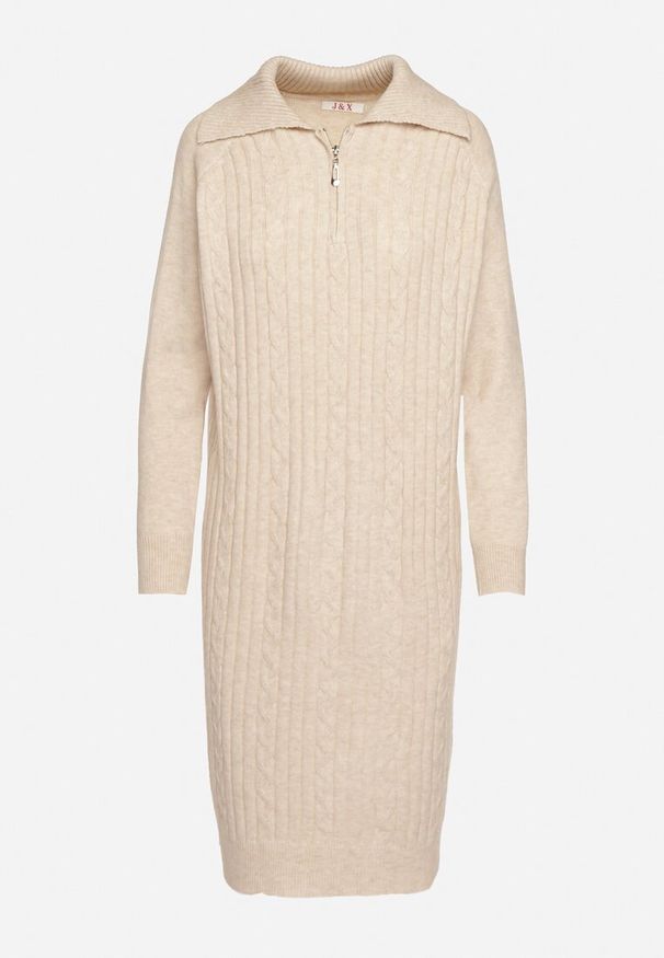 Born2be - Jasnobeżowa Sukienka z Bawełną i Wełną z Kołnierzykiem na Suwak Tereithra. Okazja: na co dzień, na spotkanie biznesowe. Kolor: beżowy. Materiał: bawełna, wełna. Typ sukienki: proste. Styl: biznesowy, casual, elegancki, wizytowy