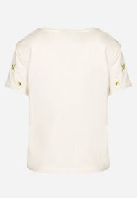 Born2be - Beżowy T-shirt z Bawełny Ozdobiony Haftem Hiraviel. Okazja: na co dzień. Kolor: beżowy. Materiał: bawełna. Wzór: aplikacja, haft. Styl: casual #6