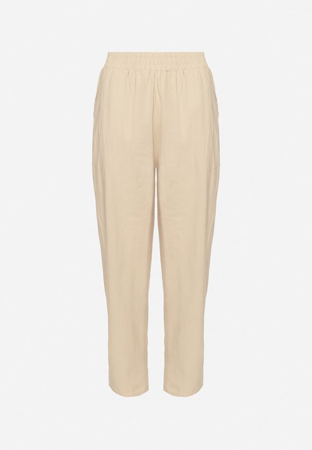 Born2be - Beżowe Bawełniane Spodnie z Wysokim Stanem Vivivara. Okazja: na co dzień. Stan: podwyższony. Kolor: beżowy. Materiał: bawełna. Styl: casual, klasyczny