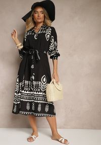 Renee - Czarna Koszulowa Sukienka z Wiskozą w Azteckie Wzory Averisa. Kolor: czarny. Materiał: wiskoza. Sezon: lato, wiosna. Typ sukienki: koszulowe. Styl: elegancki #3