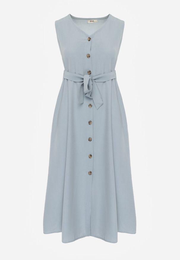 Born2be - Jasnoniebieska Trapezowa Sukienka z Wiązanym Paskiem Brystia. Kolor: niebieski. Materiał: materiał. Sezon: wiosna, lato. Typ sukienki: trapezowe