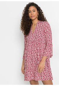 bonprix - Sukienka mini z falbanami, z lejącej wiskozy. Typ kołnierza: dekolt w serek. Kolor: biały. Materiał: wiskoza. Długość: mini #1