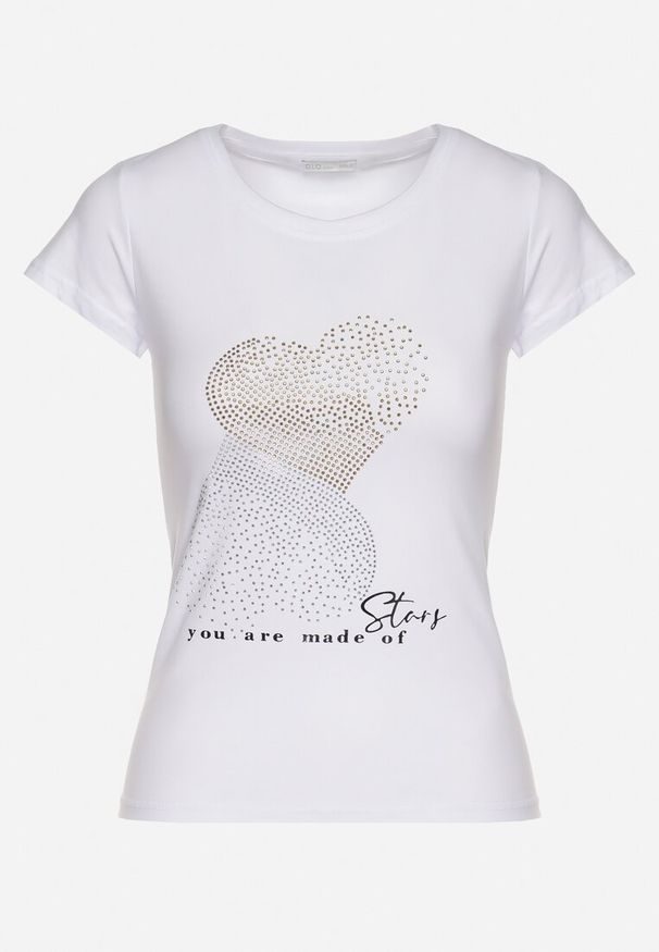 Born2be - Biały Bawełniany T-shirt Ozdobiony Cyrkoniami i Napisem Divera. Okazja: na co dzień. Kolor: biały. Materiał: bawełna. Wzór: aplikacja, napisy. Styl: klasyczny, casual