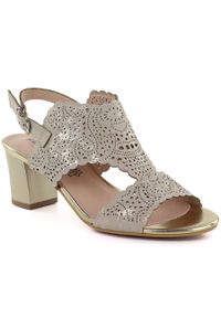 Sandały damskie na słupku ażurowe beżowe M.Daszyński MR1954-2. Kolor: beżowy. Materiał: skóra ekologiczna. Wzór: ażurowy. Obcas: na słupku #1