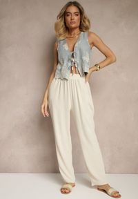 Renee - Jasnobeżowe Spodnie z Bawełną o Szerokim Kroju High Waist Fanelithia. Okazja: na co dzień. Stan: podwyższony. Kolor: beżowy. Materiał: bawełna. Styl: casual #5