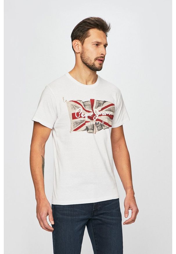 Pepe Jeans - T-shirt. Okazja: na co dzień. Kolor: beżowy. Materiał: dzianina. Wzór: nadruk. Styl: casual