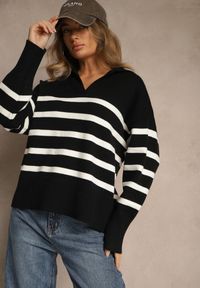 Renee - Czarno-Biały Sweter w Paski z Dekoltem w Serek z Kołnierzykiem Ralinavia. Okazja: na co dzień. Typ kołnierza: dekolt w serek. Kolor: czarny. Materiał: jeans. Długość rękawa: długi rękaw. Długość: długie. Wzór: paski. Styl: casual, klasyczny