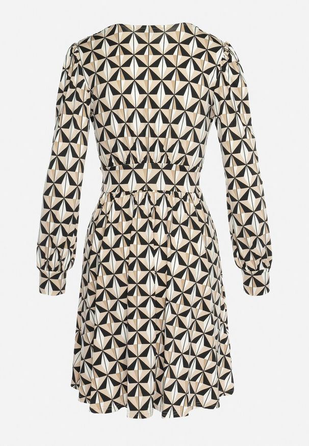 Born2be - Beżowo-Czarna Sukienka Mini w Geometryczny Wzór z Gumką w Talii Viotta. Okazja: na co dzień. Kolor: beżowy. Wzór: geometria. Styl: casual, elegancki. Długość: mini