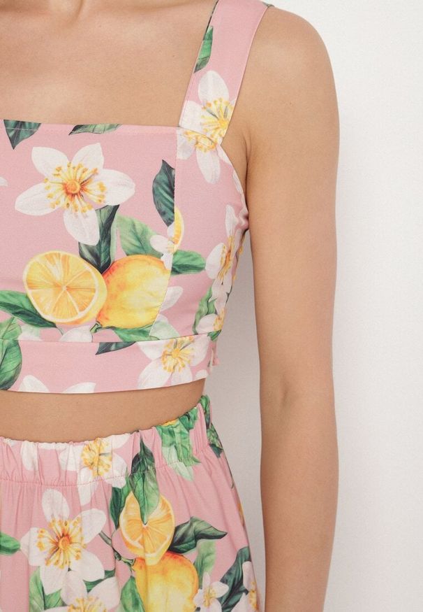 Born2be - Różowy Komplet Top na Ramiączkach i Rozkloszowana Spódnica Madelein. Kolor: różowy. Wzór: kwiaty, aplikacja